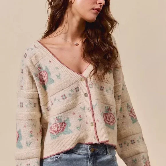 SO ME‎ Floral Pattern Long Sleeve Button Sweater Cardigan